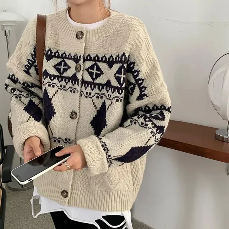 HELIAR Korean Patchwork Cardigan Sweaters Women Lazy Wind Vintage Argyle Long Sleeve Knitted Coat Casual O Neck Female Print Top