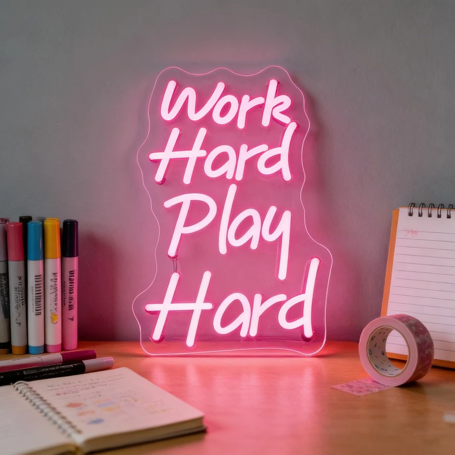 Work Hard Play Hard Neon Sign LED Marquee Light for Desk Office Decor Study Room Wall Art USB Night Light Home Bedroom Gift