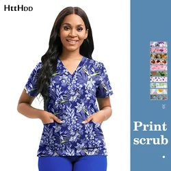 Hot Sales Verpleging Scrubs Top Vrouwen Werken Uniform Blouse Korte Mouw V-hals Afdrukken Uniform Kleding Verpleegkundigen Accessoires Unisex