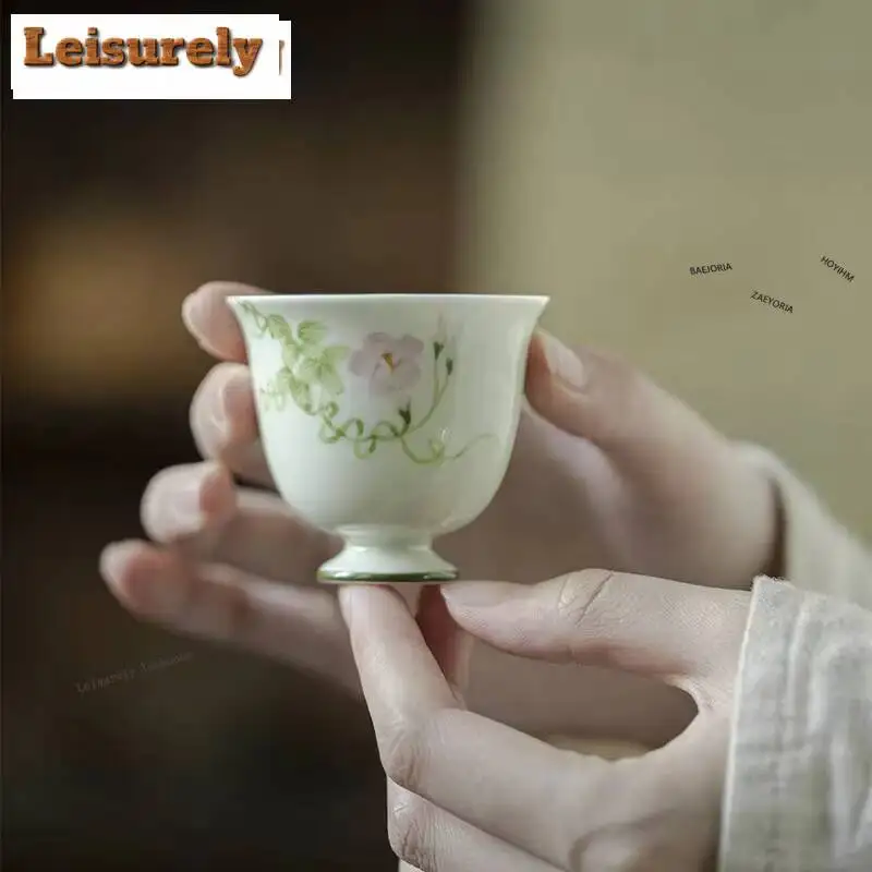 50ml Hand-painted Morning Glory Flower Teacup Antique  High-feet Tea Bowl Tea Pair Master Cups Jianzhan Tea Ceremony Gifts