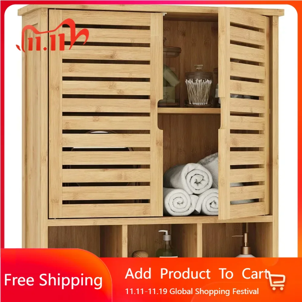 

Bathroom wall mounted toilet style storage cabinet, bamboo medicine cabinet with door and adjustable shelf