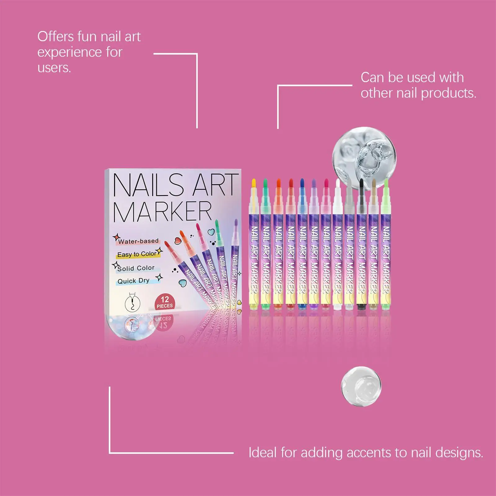 12 Colors 3D Nail Polish Pen Fingernail Drawing Markers Art Graffiti for Women Home Salon Party Formal Wedding Travel