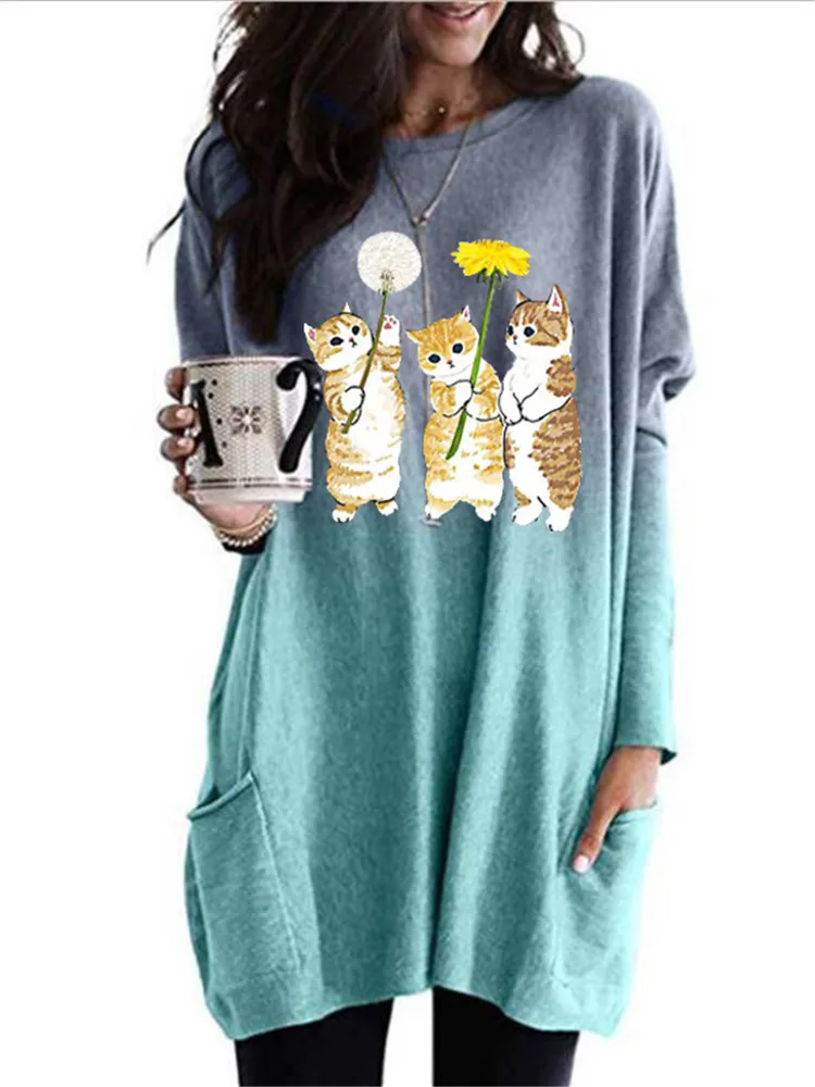 Women's Autumn Three Cat Print Color Gradient Long Sleeve Large Size O Collar Long Sleeve Sleeve Stitching Casual Pocket Hoodie