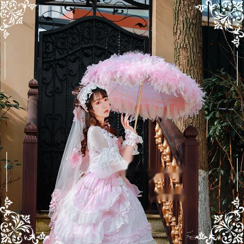 Lolita Flower Wedding Girl Sakura Christmas Lace Feather Princess Decor Car Umbrella Shade Photography Parasol Pink Feather