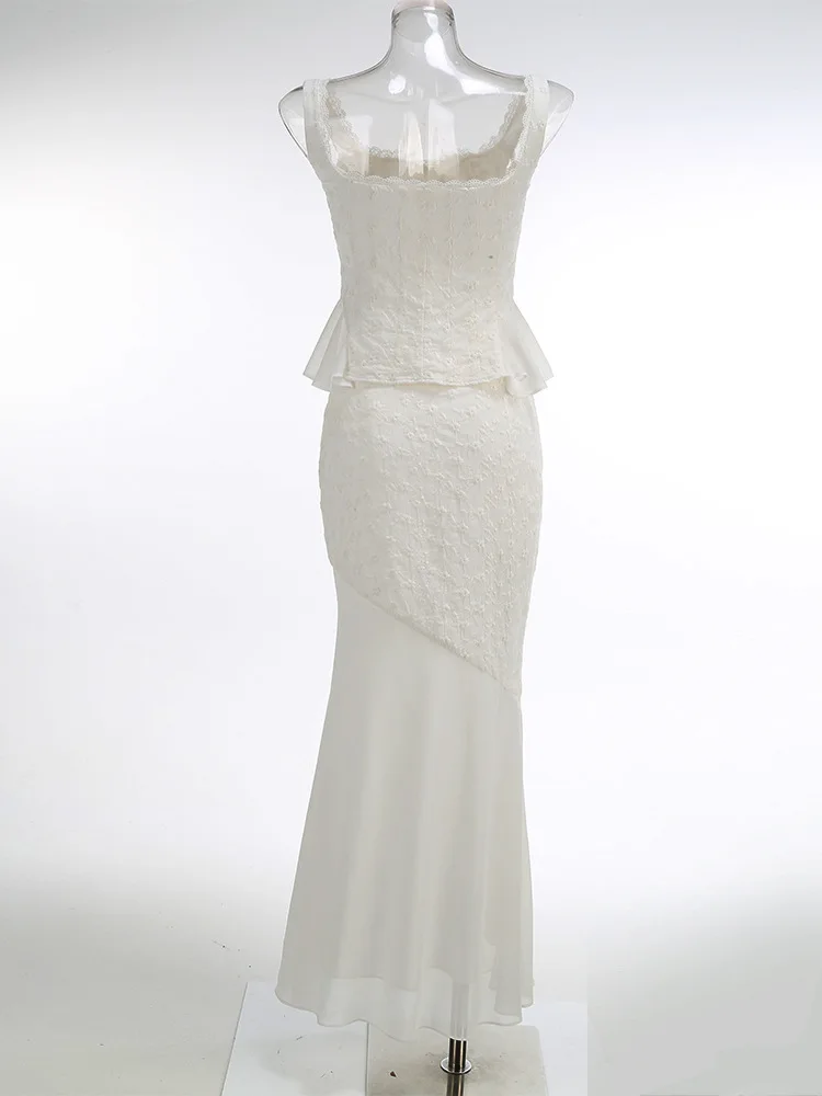 Sexy encaje con cuello en V cintura alta sin espalda ceñido al cuerpo Halter Maxi vestido blanco sin mangas vestido de invitados de boda elegante vestido de noche