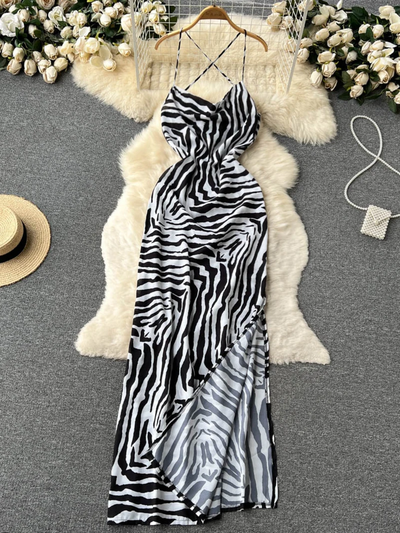 

ssTss 2024 Summer Sexy Spaghetti Strap Long Dress Women Striped Print Sleeveless Criss Cross Backless Side Slit Maxi Dress