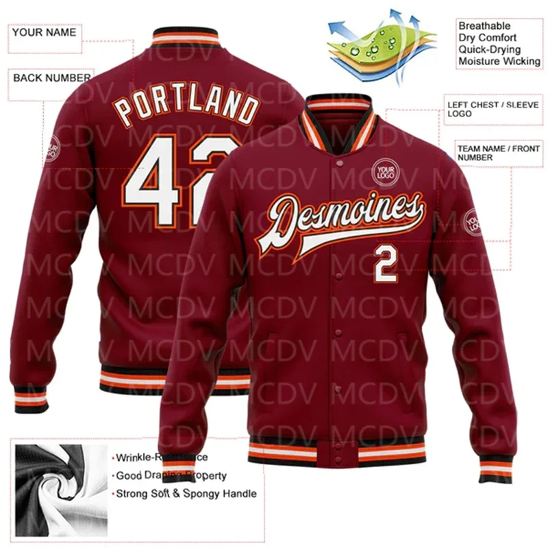 

Custom Crimson White Black-Orange Bomber Full-Snap Varsity Letterman Jacket