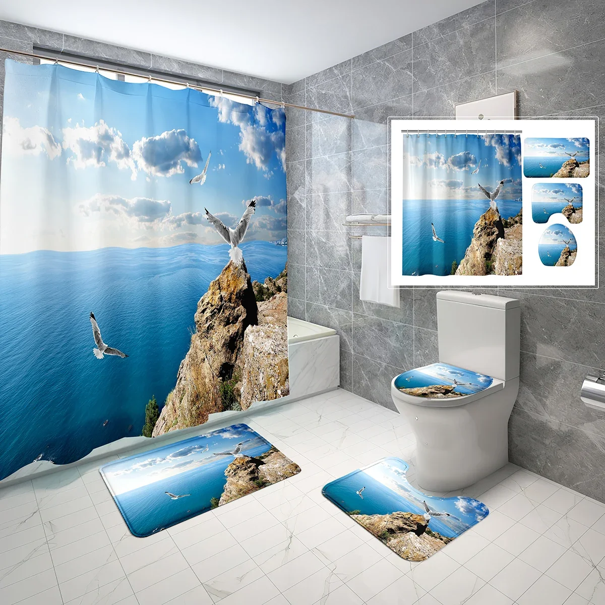 

Seagull Shower Curtain Sets,Oceanside Sky Flying White Birds 4 PCS Waterproof Bath Curtain,Non-Slip Bath Mat Toilet Cover Set