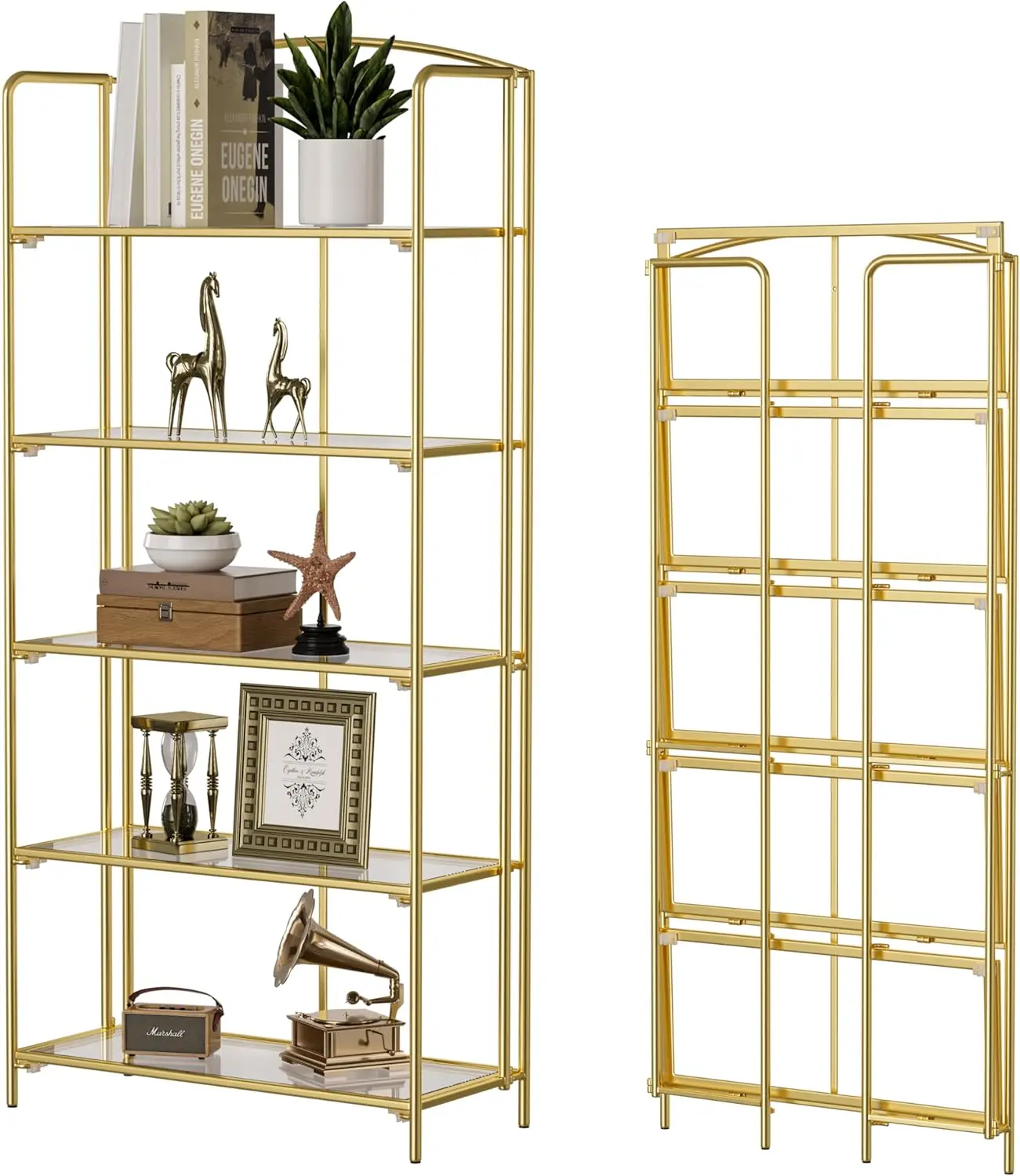 

5-Tier Foldable Bookshelf with Glass Shelves, No Assembly Needed for Living Room or Office Storage