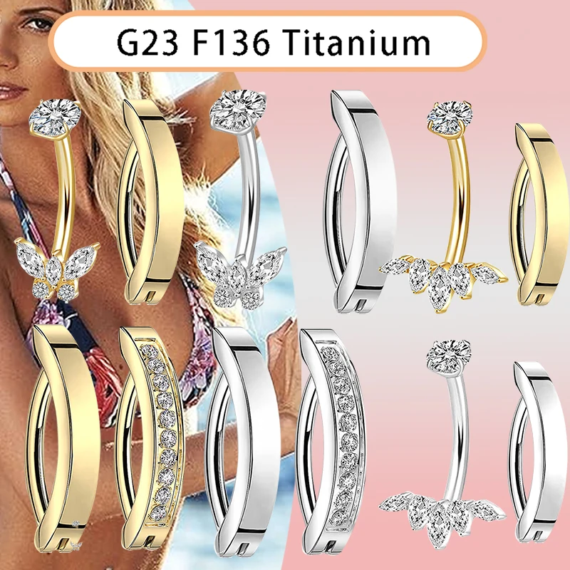 1PC 14G Grado Impianto G23 Titanio Anello Ombelico Fidanzamenti Intarsiato Zircone Diamante Ombelico Chiodo Pancia Piercing per le Vacanze Gif