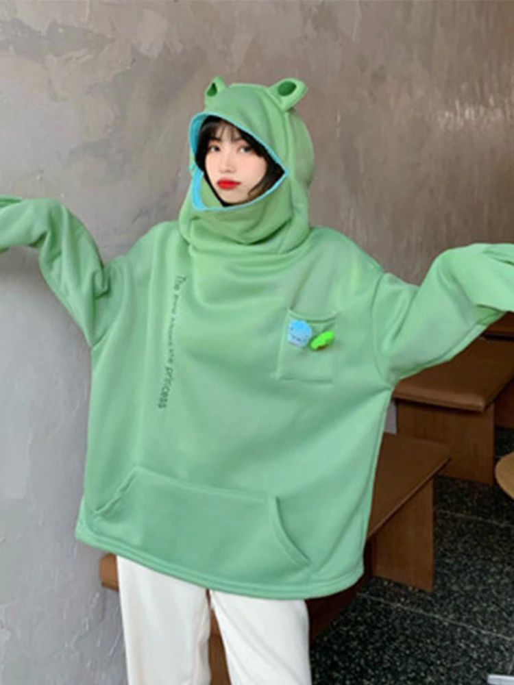 

Frog Hoodie Women Cute Funny Embroidery Letter Velvet Thickened Kawaii Harajuku Streetwear Christmas Hoodie