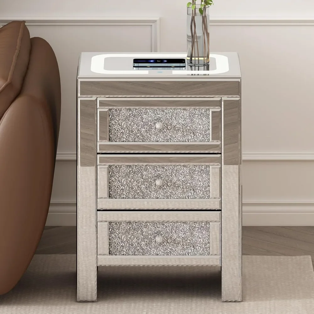 Nightstand, LED Lights and Wireless & USB Charging with Crystal Inlays, Mirror Finish and 3 Drawers, Silver Nightstand image 3
