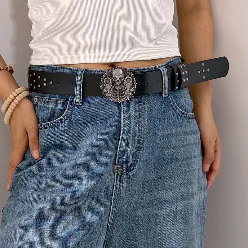 للجنسين حزام البنطال الجينز للرجال والنساء الجمجمة عقد البنادق دلو القوطية حزام للنساء الإناث مصمم الأسود برشام فاسق الإكسسوارات الذكور #4