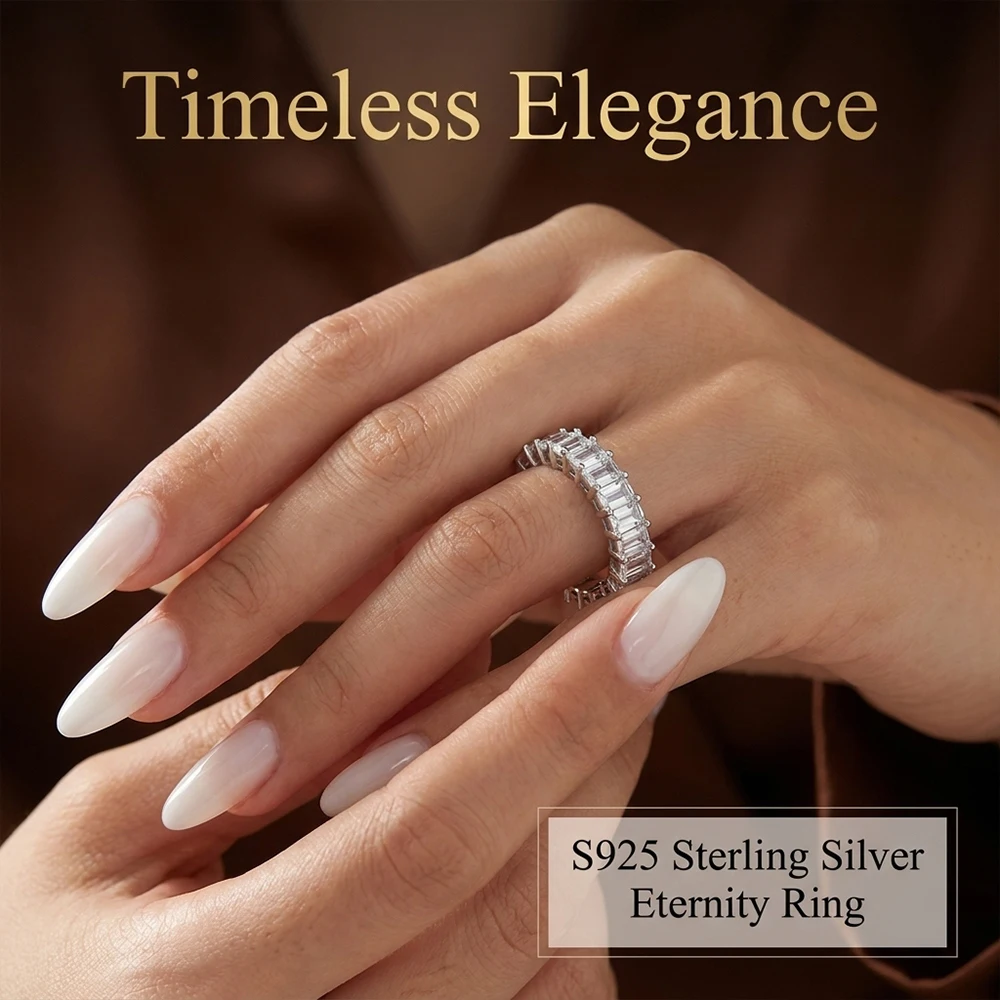 KNOBSPIN Emerald Cut Moissanite Eternity Ring 925 Sterling Silver Wedding Band D VVS Lab Grow Created Moissanite Rings for Women