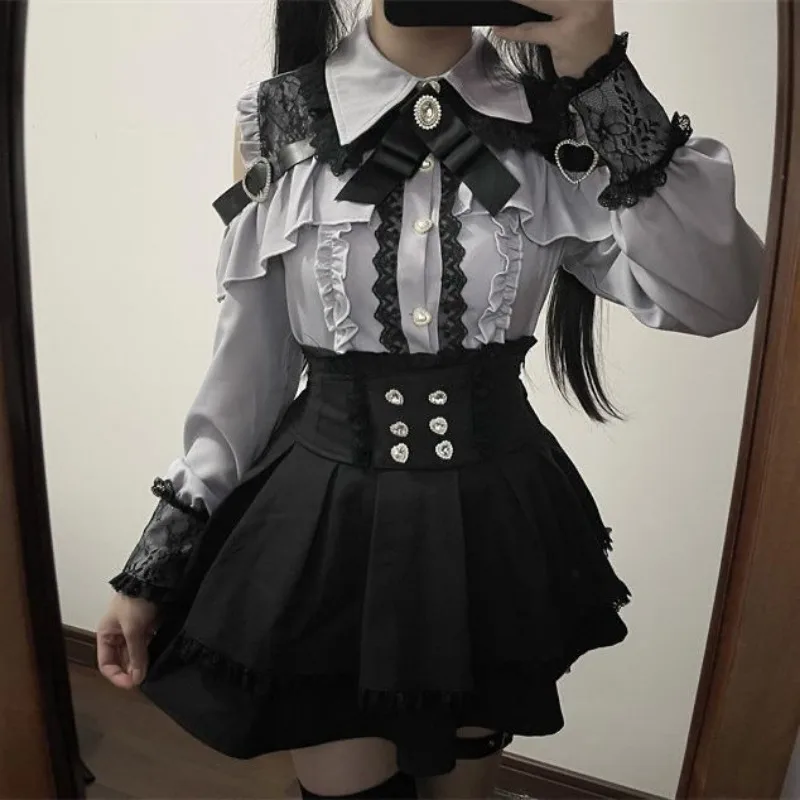 

Женские рубашки с открытыми плечами и длинными рукавами с лацканами + кружевные юбки с высокой талией и рюшами Y2k, 2025Новые комплекты из двух предметов для ранней осени