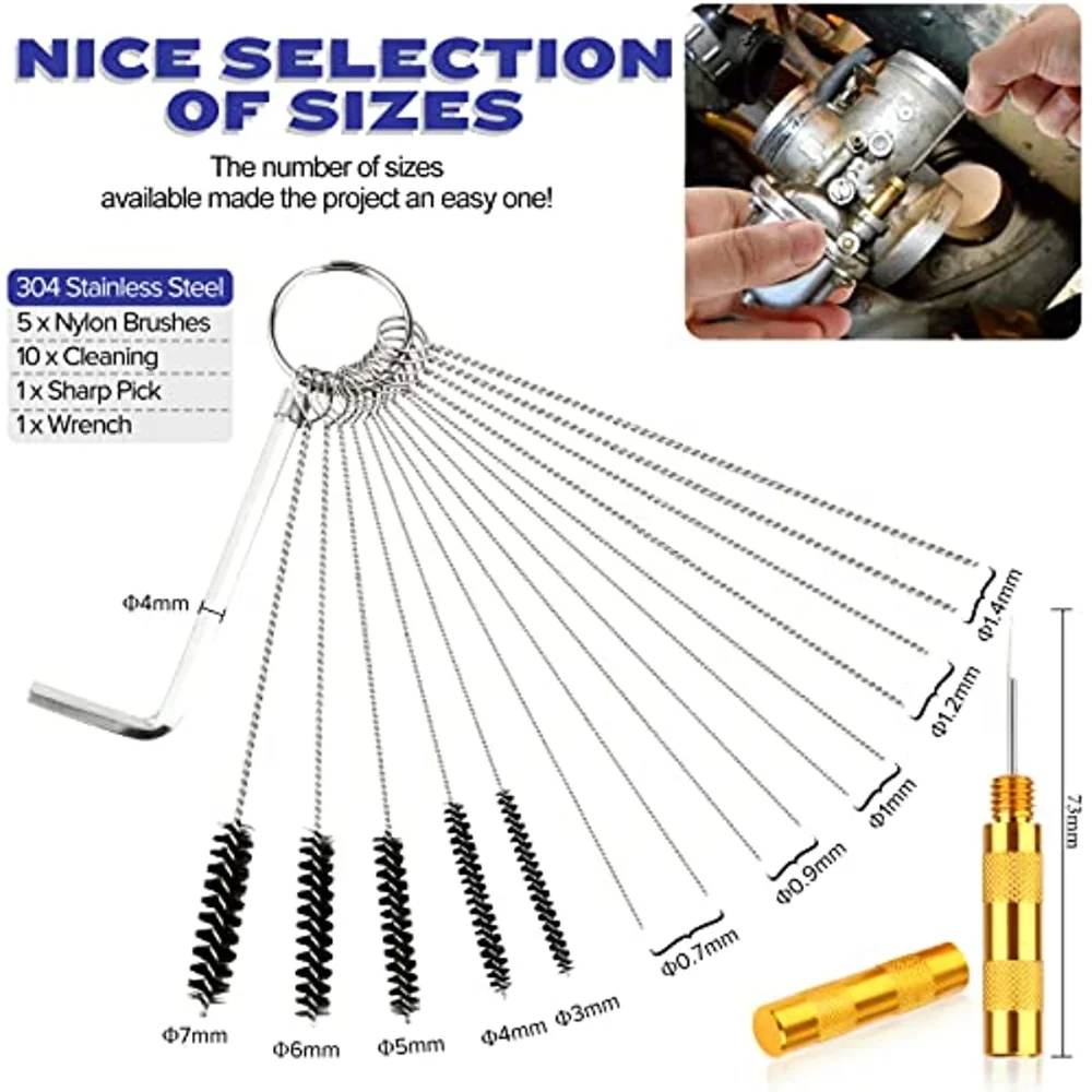 30Pcs Carburetor Cleaning Kit, 13 Cleaning Wires Set, 5 Nylon Brushes, 10 Cleaning Needles, 1 Throttle Wrench, 1 Sharp Pick,