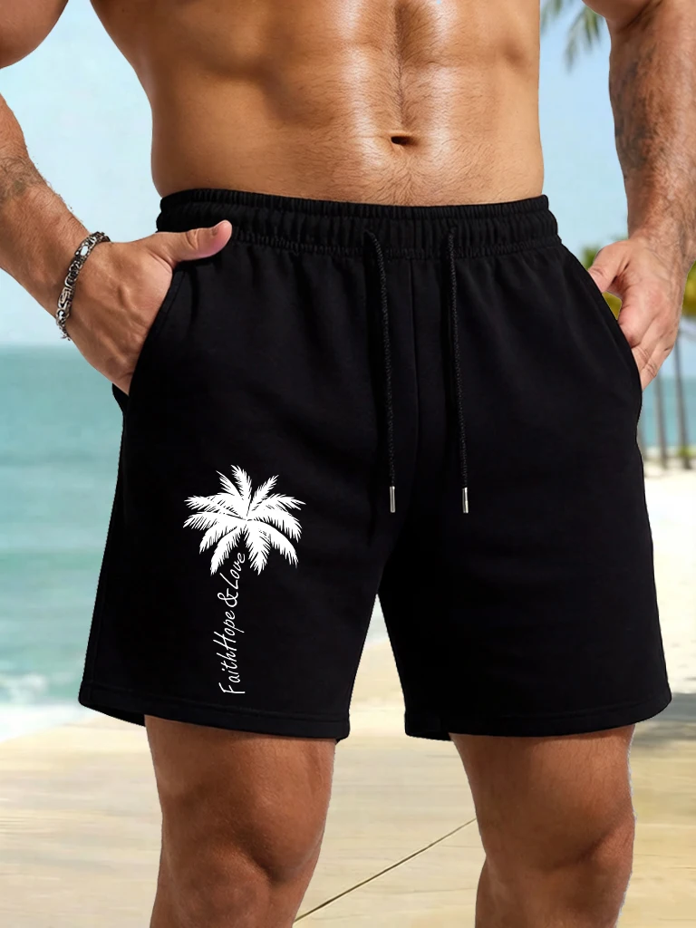 

Faith Hope Love Coconut Tree Prints Mens Summer Basic Comfortable Shorts Street Black Clothing All-Match Running Short Pants