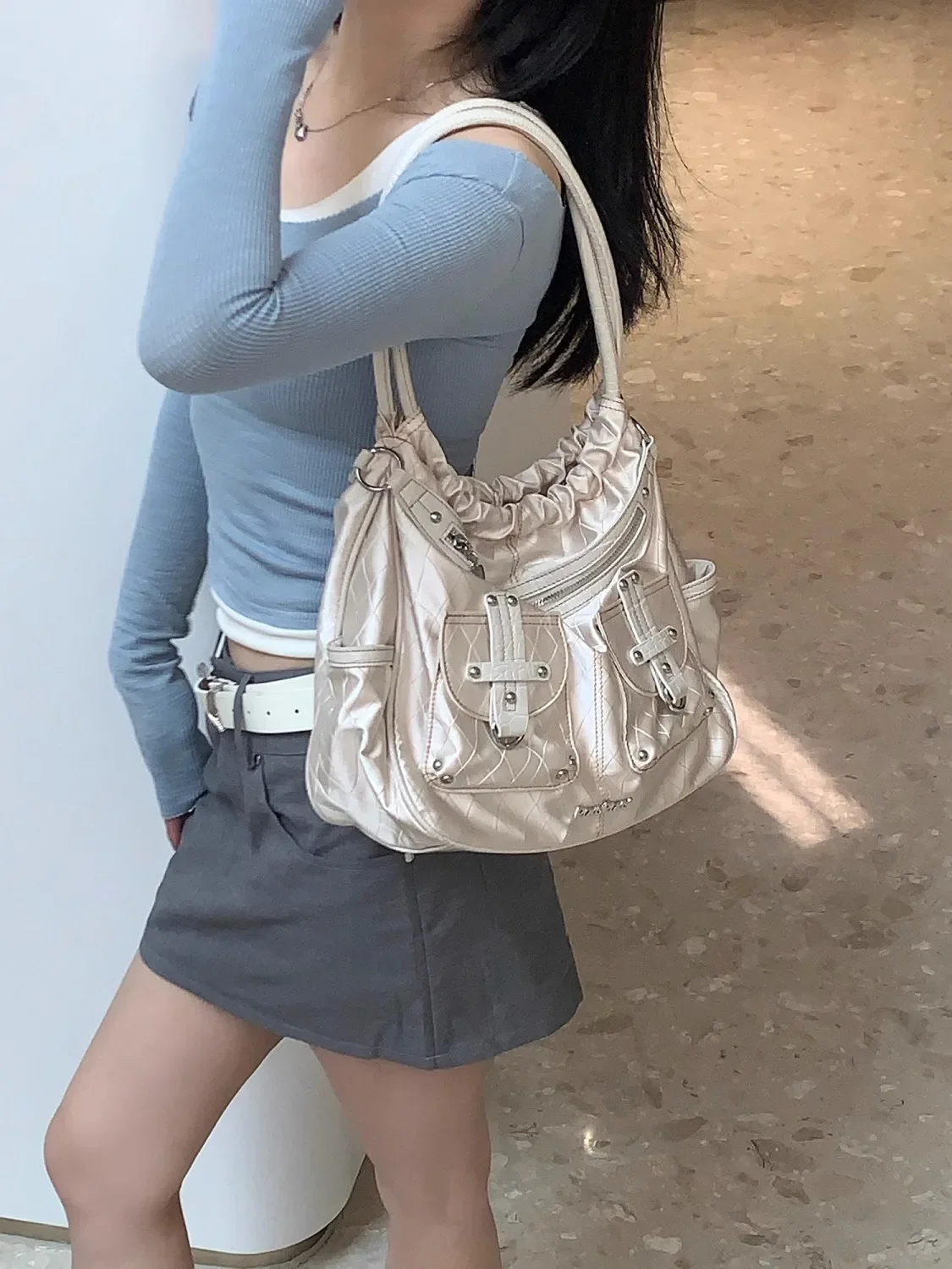 Miyagawa Multi Pocket Y2K Spicy Girl Large Capacity Pleated Soft One Shoulder Underarm Tote Bag 2023 New Bag for Women