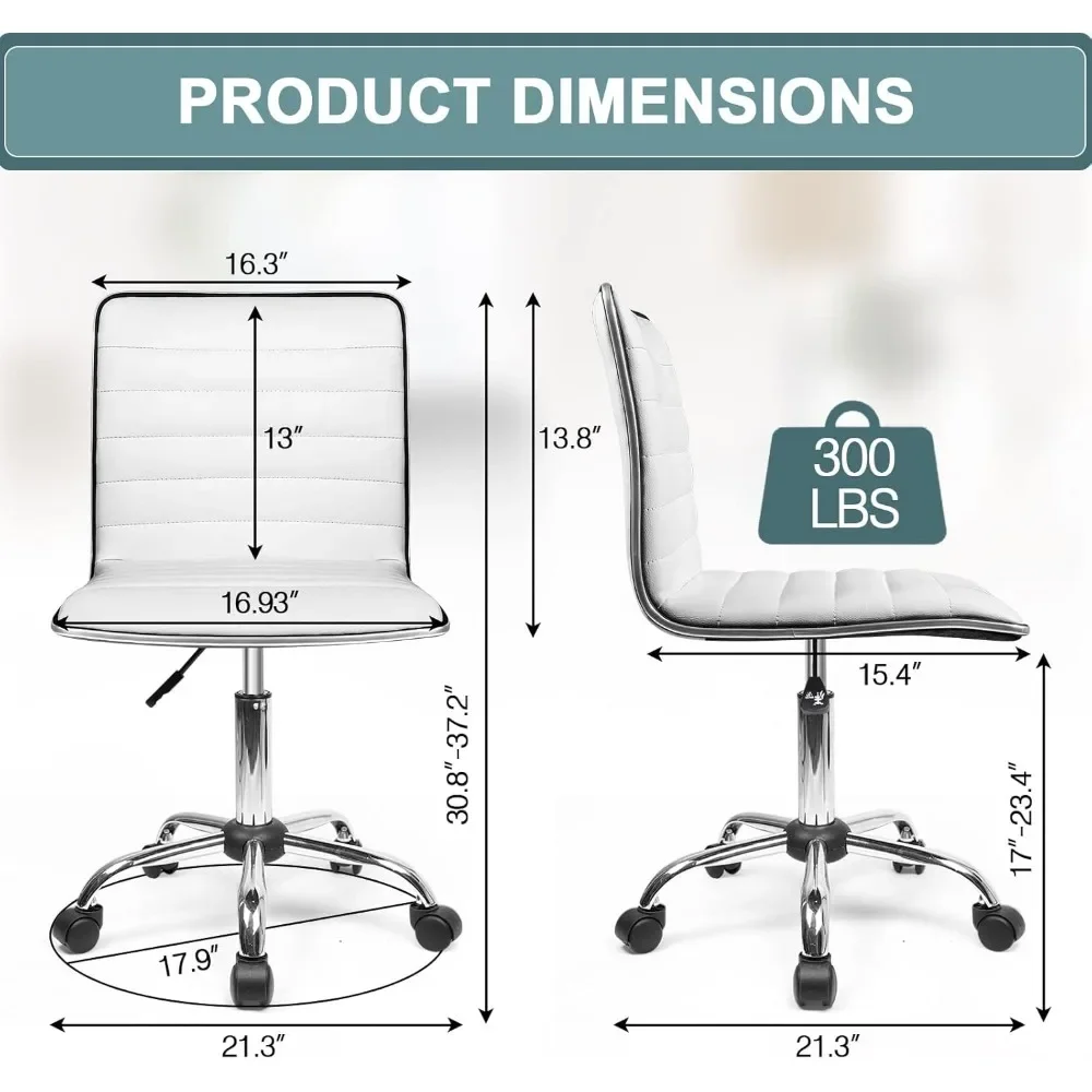 Office Desk Chair, Adjustable Task Chair, Low Back Faux Leather Ribbed Swivel Chair, Armless Home Rolling Vanity Chair Retro