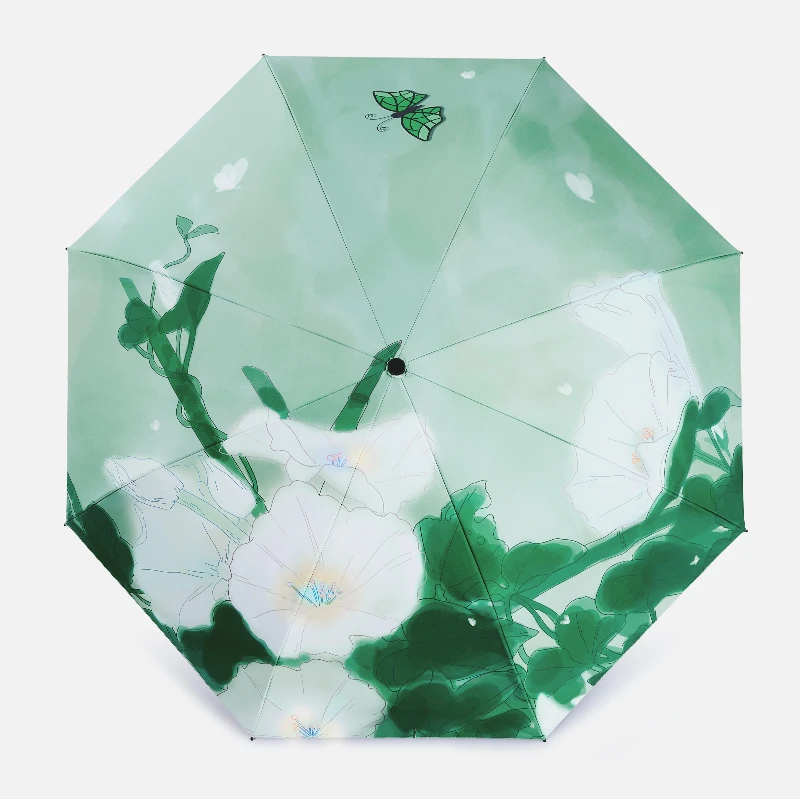 Summer Travel Foldable Umbrella Wood Handle Chinese Style Floral Butterfly Print Sun Block Parasol Halloween Discount Gift
