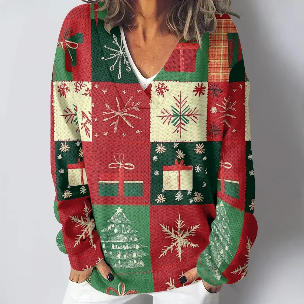 Ugly Christmas Snowflakes Presents Plaid Patchwork Printed V-neck Women Casual Sweatshirts Winter Classic Elegent Pullovers