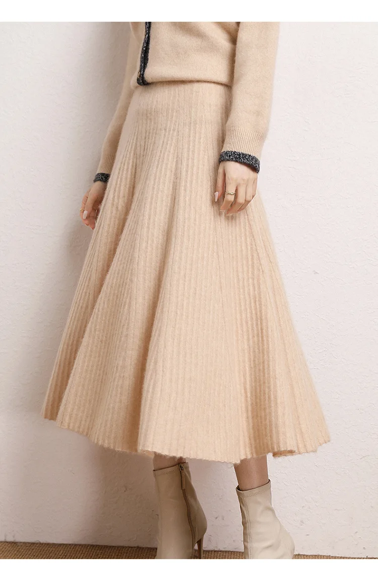 Fengbaoyu Cashmere Skirt Autumn and Winter High Waist Simple Vertical Stripes Loose Elegant Wool Knit Pleated Skirt Light Luxury