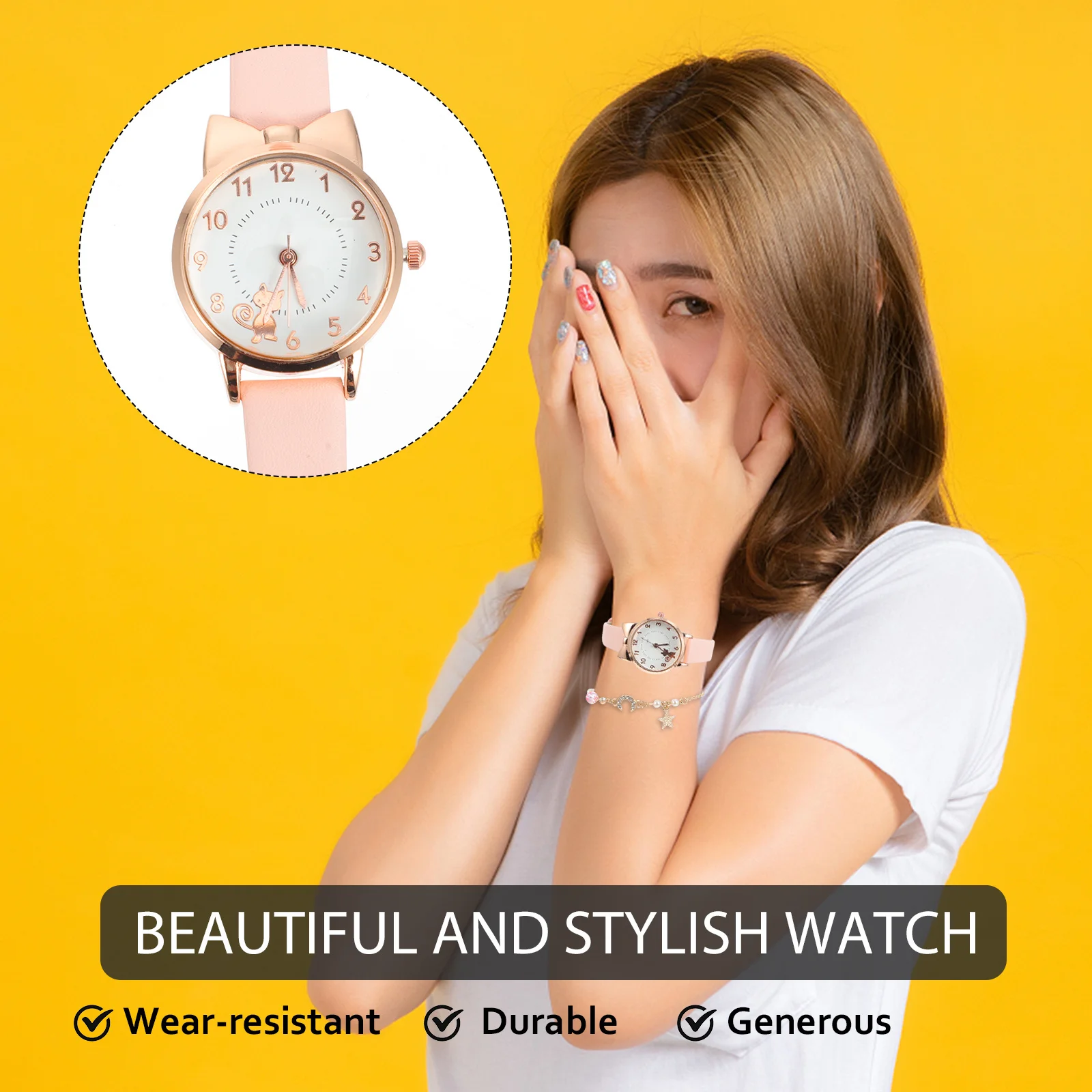 1 conjunto adorável gato relógio de quartzo com lua estrela pulseira conjunto para mulheres elegante relógio jóias combinação presente ideal para festivais