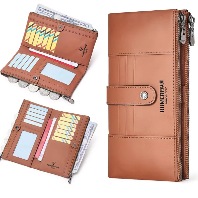 Fashion Genuine Leather Long Coin Purse Wallet for Women RFID Blocking Multi-Slot ID Card Case Double-Zipper Loose Change Clutch