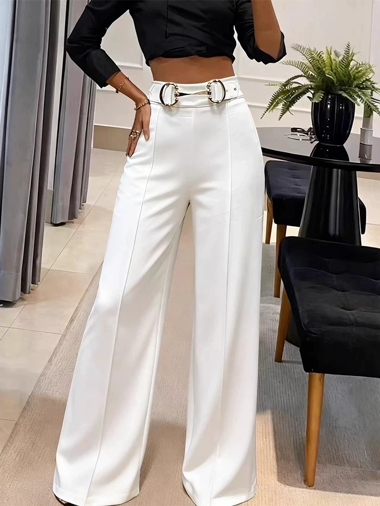 عارضة الشارع واسعة Legger السراويل الصلبة أنيقة عالية الخصر مشبك معدني السراويل الطويلة المرأة أزياء التنقل السراويل المستقيمة #4