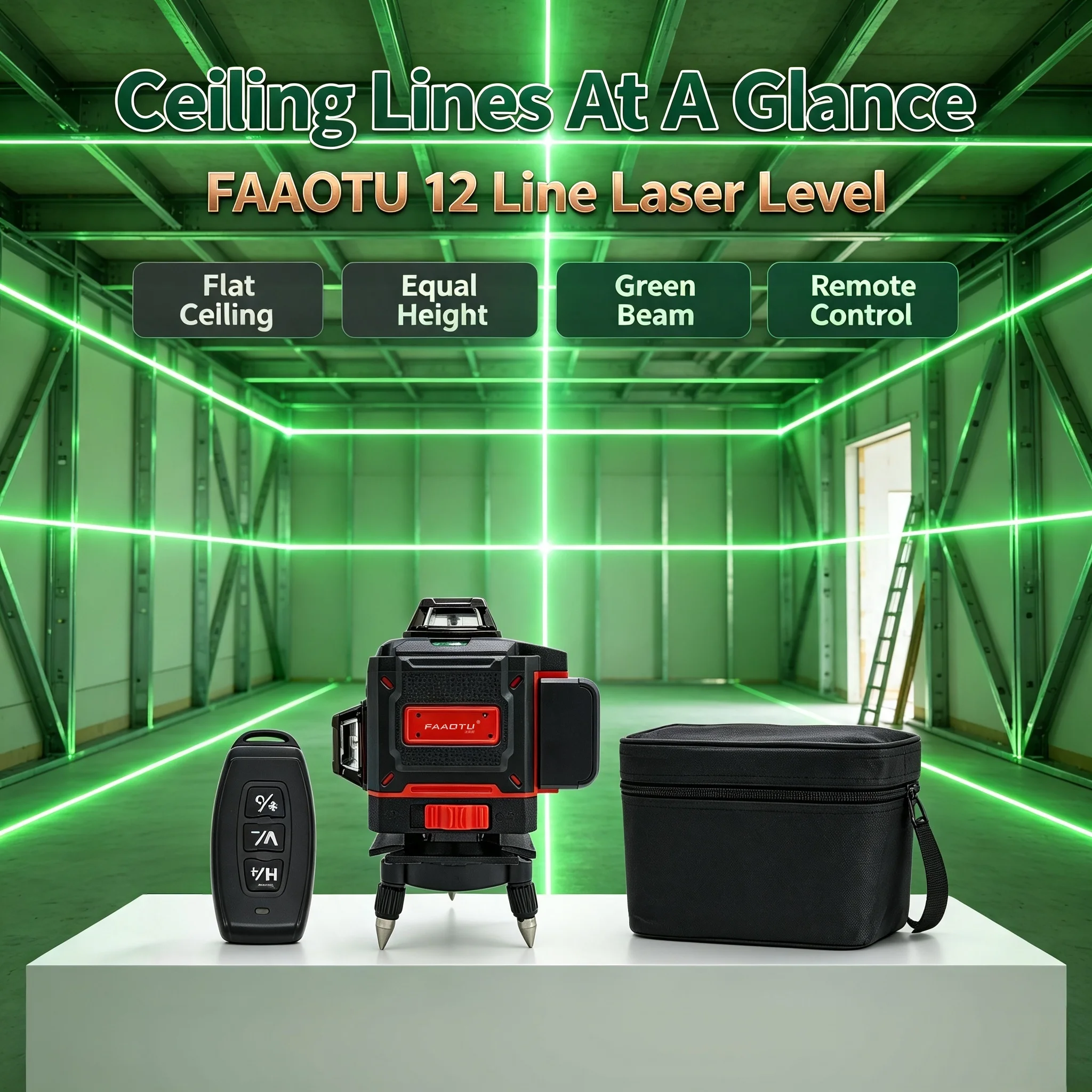 FAAOTU 3D Green Beam Cross Line Laser Identical Button Panel & Functional Calibration Matches MWQ Laser Level