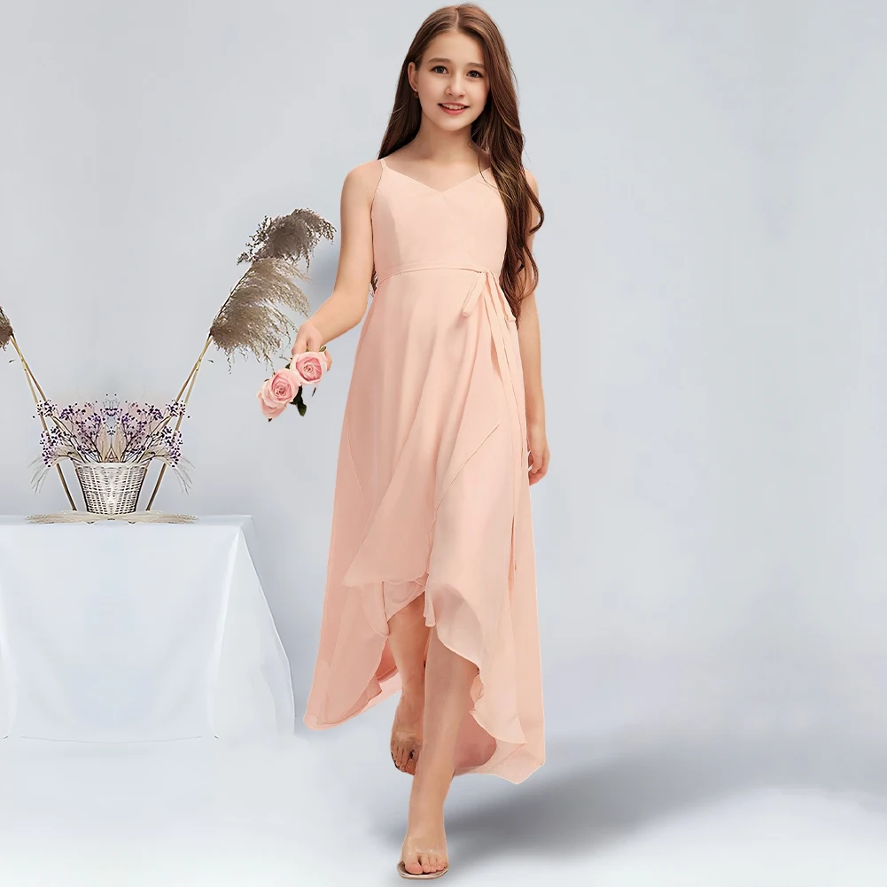 A-line V-Neck Asymmetrical Chiffon Junior Bridesmaid Dress With Cascading Ruffles Pearl Pink Flower Girl Dress for Wedding Teens