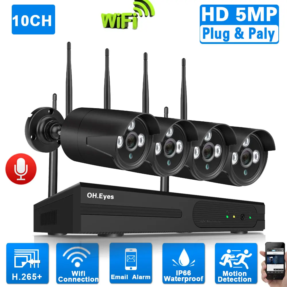 H.265 CCTV Camera Security System Kit Wifi 5MP 4CH Wireless NVR Set Outdoor Audio Video Surveillance Camera System Kit 10Channel