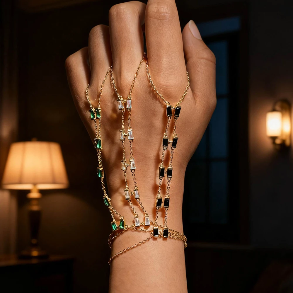 Gold Color 2025 New Arrived Summer Hot Selling Women Jewelry Colorful Bezel Rectangle CZ Bling Double Link Chain Slave Bracelet