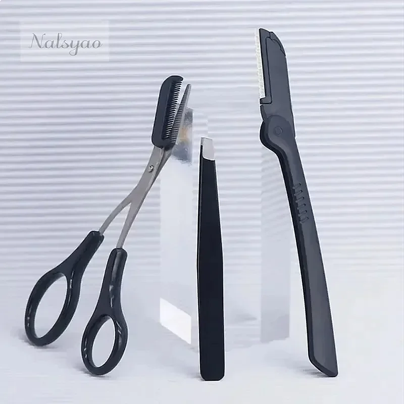 Three-Piece Stainless Steel Eyebrow Clip Comb Scissors Trimmer Razor Set Precision Grooming Tool