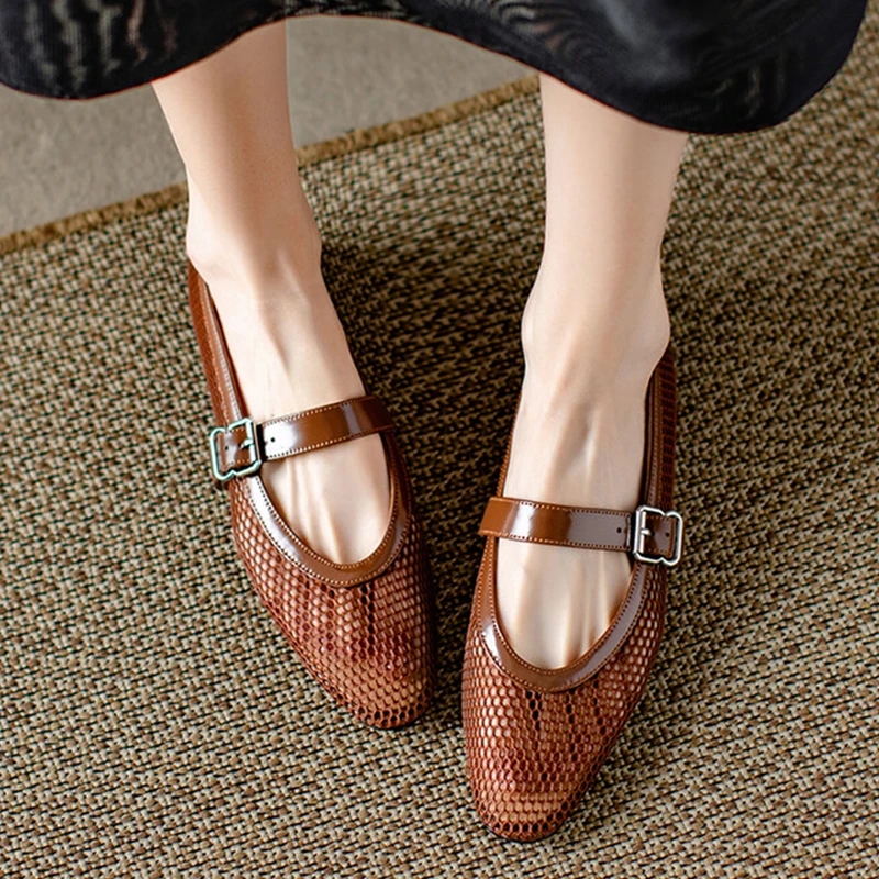 JOZHAMTA Size 33-40 2025 Casual Women Flat Heels Summer Office Cut Outs Mesh Buckle Lady Genuine Leather Mary Janes Shoes Woman
