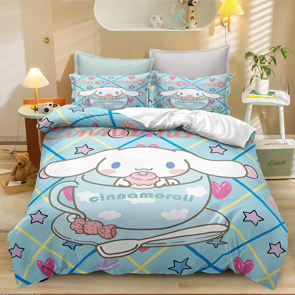 Imagem -04 - Conjunto de Cama Anime Cinnamoroll para Adultos Capa de Edredão Bonita Tamanho Completo Rainha e Rei Decoração de Quarto Presente para Meninos e Meninas