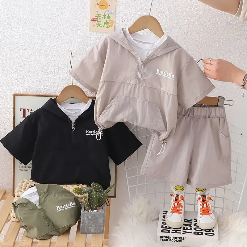 Children\'s Summer Baby Set 2024 New Boys Slim Clothes Handsome Sunscreen Summer Wear Short Sleeve Hoodie+ ShortsTwo Piece Set