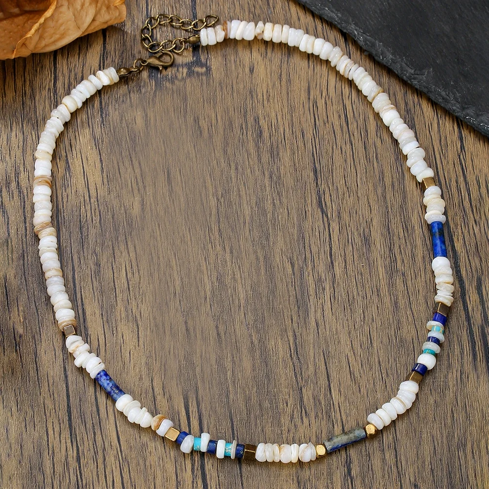 Punk Natural Sea Shell Necklace Niche Sense Merad Style Choker Colorful Spliced Rice Beads Vintage Collarbone Chain for Men