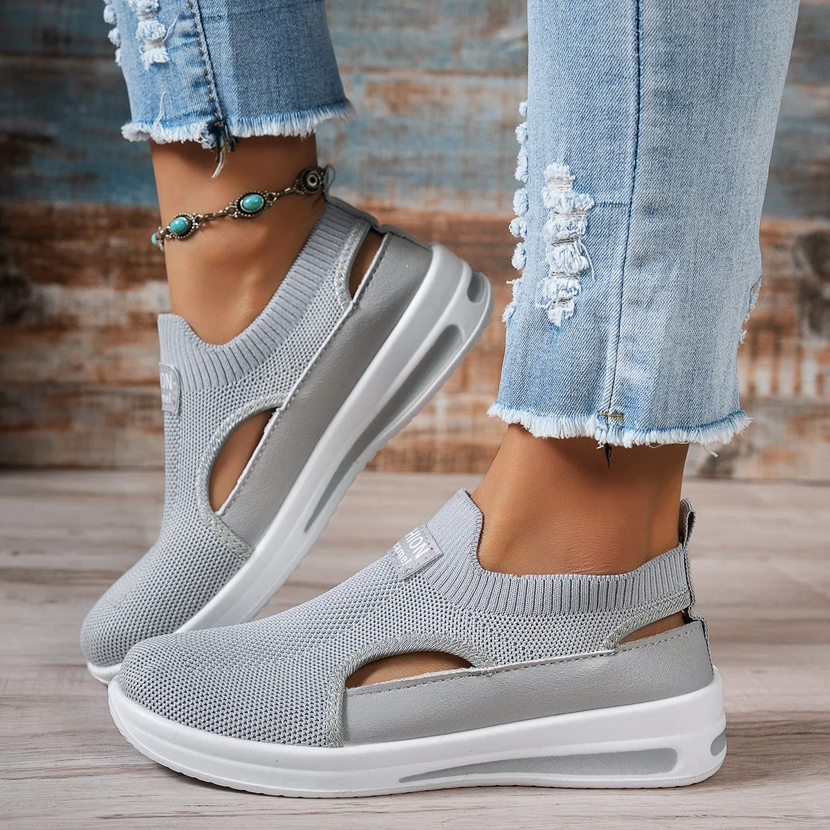 Hohle Slip-On-Plateau-Keilsneaker für Damen, atmungsaktiv, rutschfest, weiche Sohle, für den täglichen Gebrauch, bequeme Freizeitschuhe – Detail 5