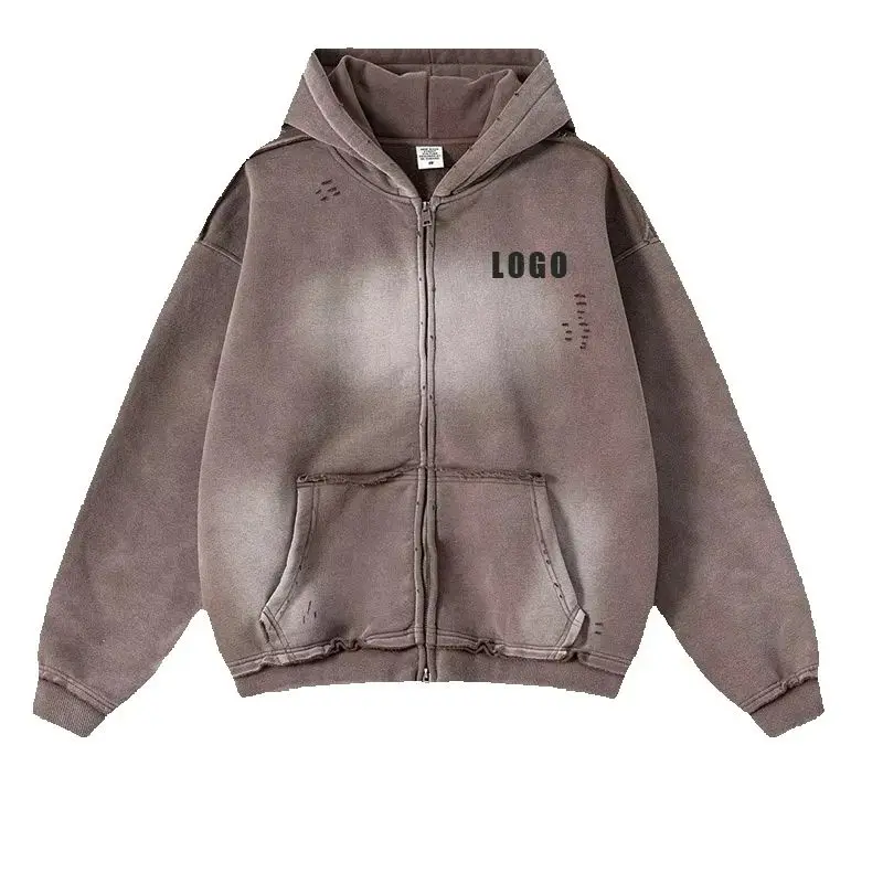Custom LOGO Men's 400G Autumn American High Street Hooded Sweater Spray Ma Liu Loose Edge Zipper Cardigan Jacket Couple Top