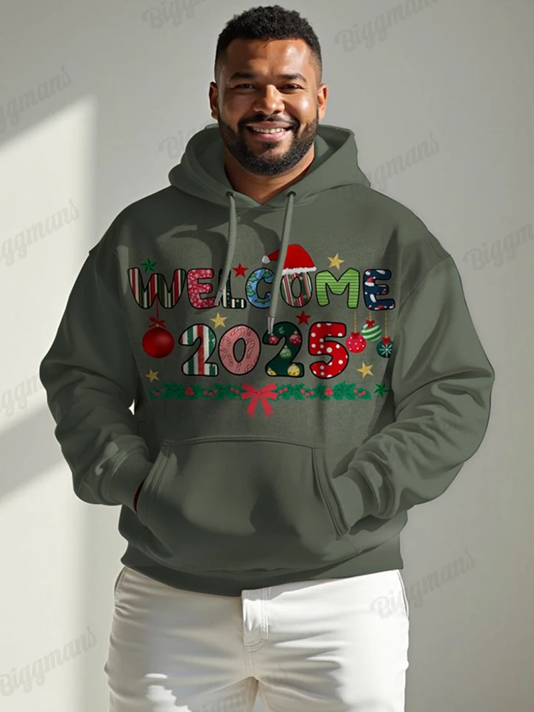 Biggmans 2025 Happy New Year Plus Size Hoodies Men Print Letter Big Pocket Long Sleeve Top Male Street Wear Casual Pullovers New