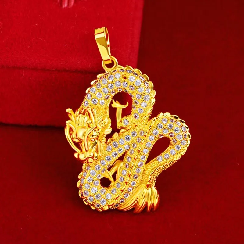 

New Imitation Gold Dragon Pendant Decorative Gold Pan Dragon Pendant 3D Hard Gold Overlord Zodiac Dragon Necklace Sand Gold Men'