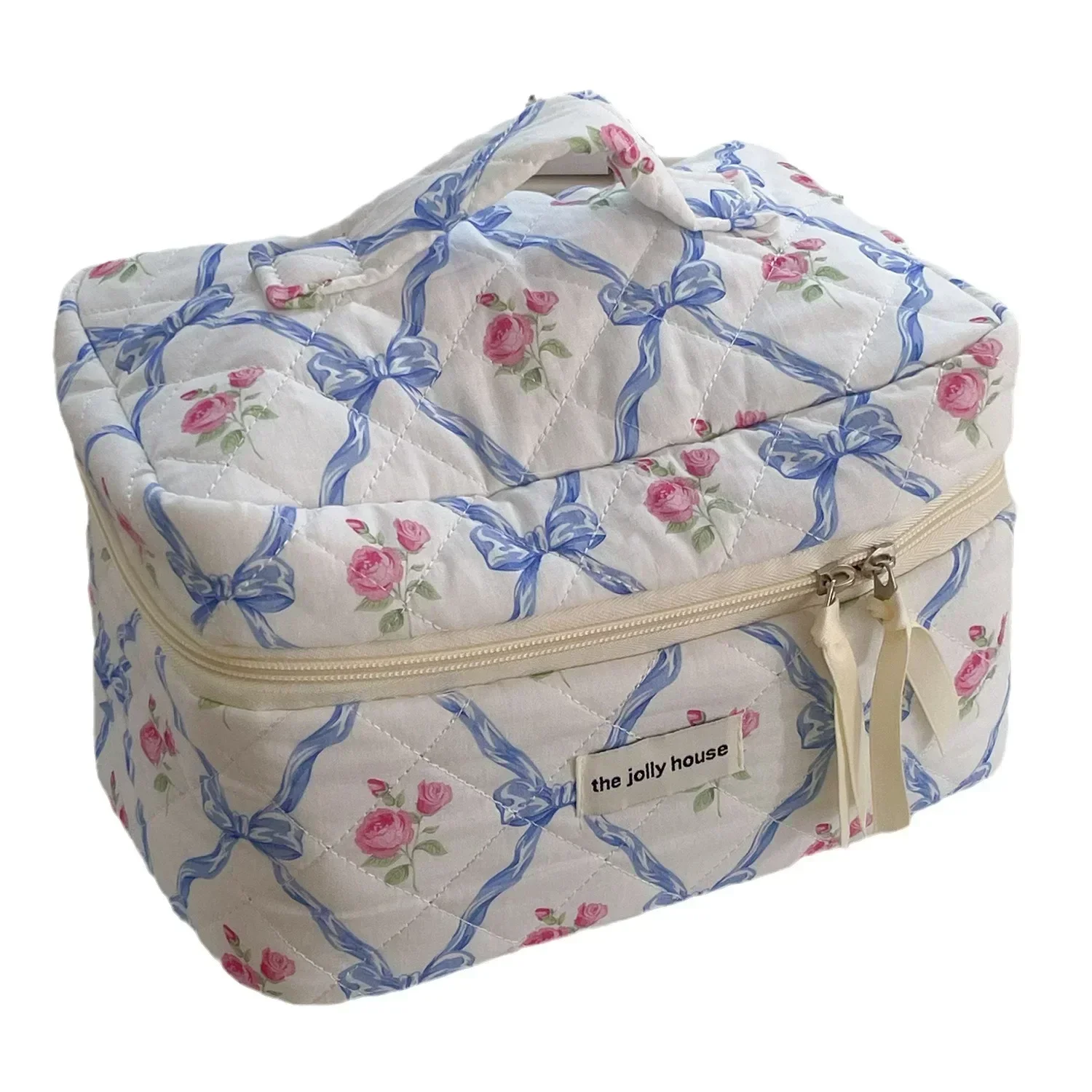 Bolsa de mano de algodón acolchada con lazo de flores, bolsa de maquillaje para mujer, organizador de maquillaje con cremallera, estuche de artículos de tocador portátil, regalo para niñas