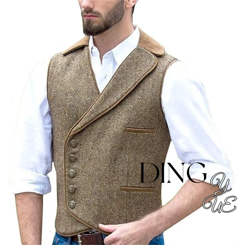 Chaleco de traje con cuello a medida y tweed en espiga de 5 botones para hombre