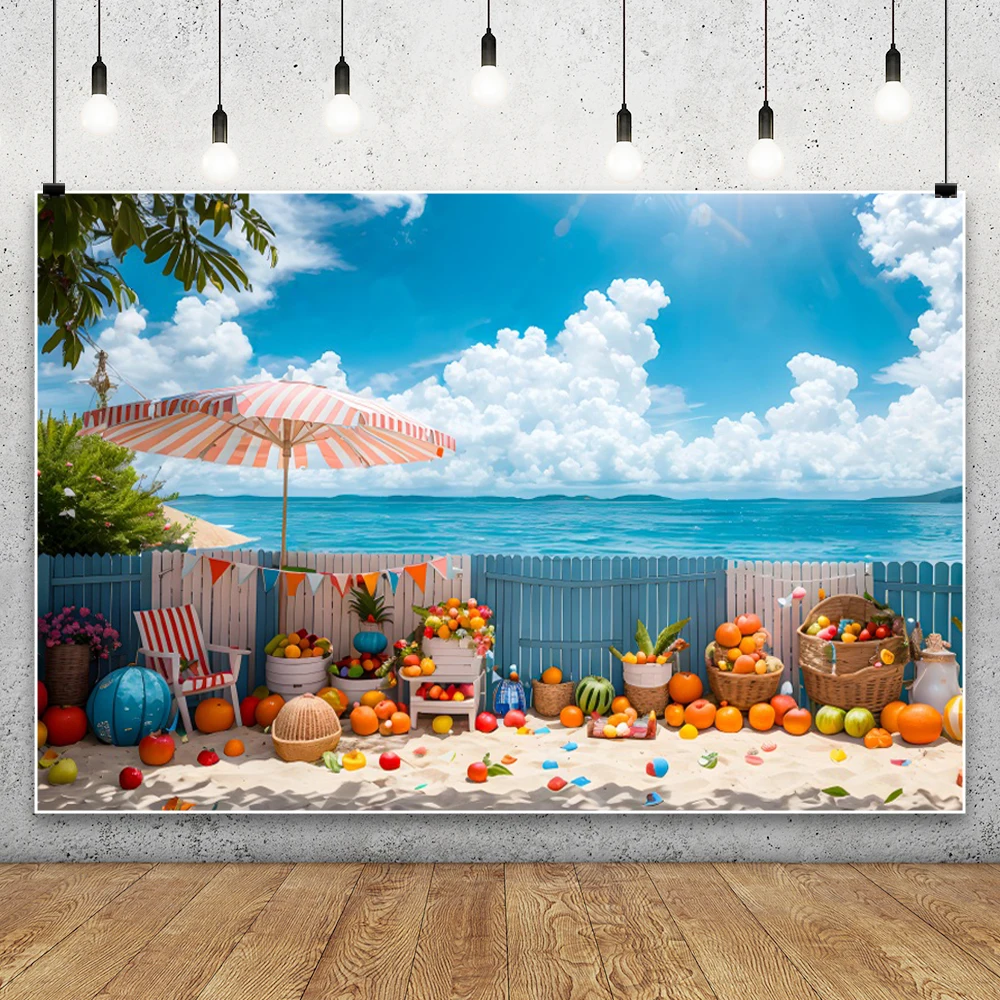 2025 الصيف شاطئ البحر الفواكه الاستوائية التصوير خلفية أشعة الشمس شاطئ أشجار النخيل عطلة التخييم حفلة صور خلفية الاستوديو