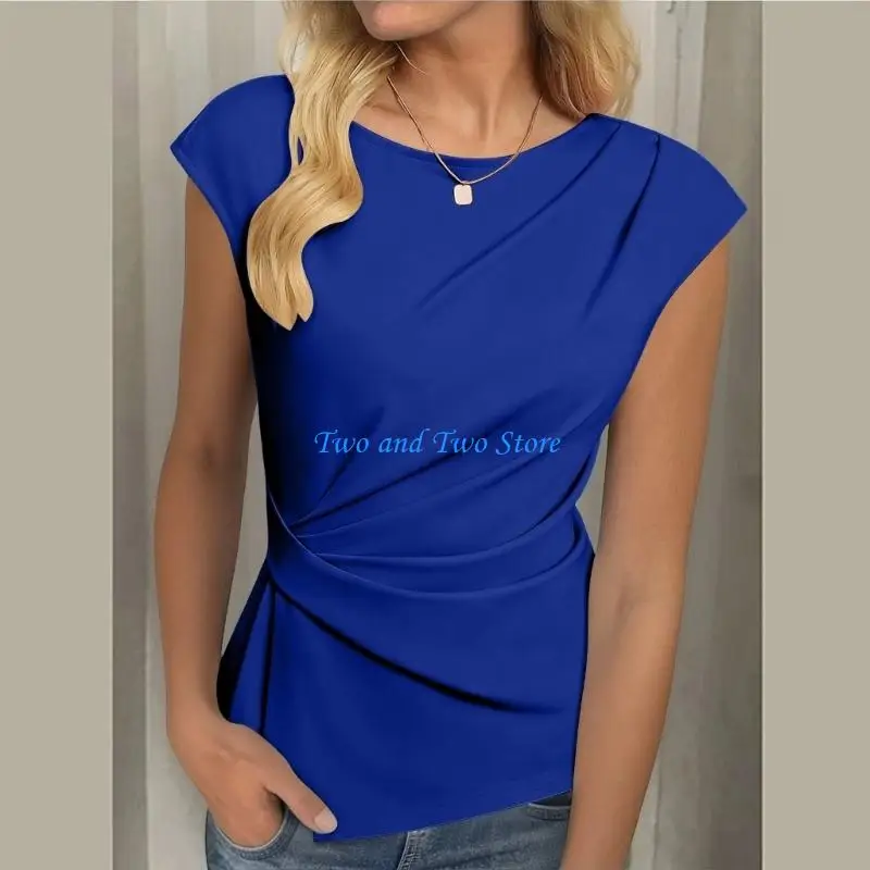 HX6F Spring Womens T Shirt Asymmetrical Pleated Detail Lightweight Cotton Short Sleeve Blouse