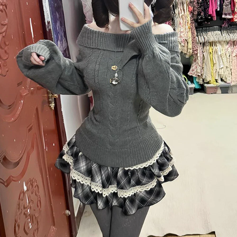 

Однотонный вязаный свитер в японском стиле Kawaii для девочек, тонкий Y2k в стиле Лолиты, Harajuku, модные женские джемперы с пышными рукавами, топ с бантом