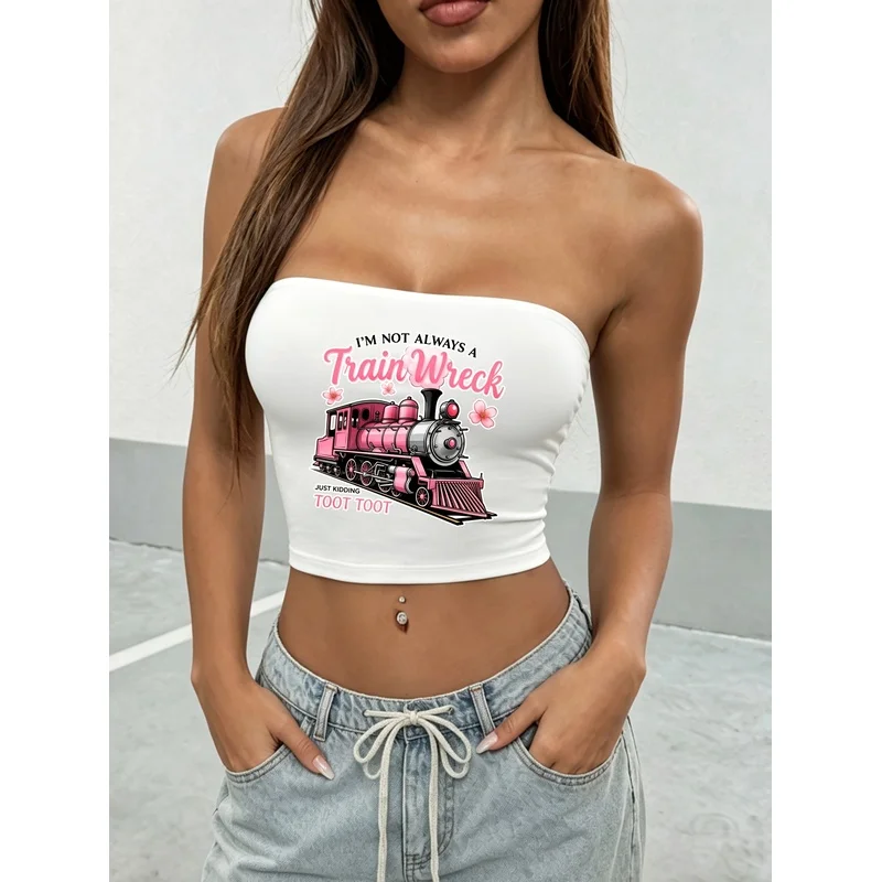 Y2K Retro strapless crop top for women，tight-fitting sleeveless wrap top，Cafe weekend street style sweet and cool tank top