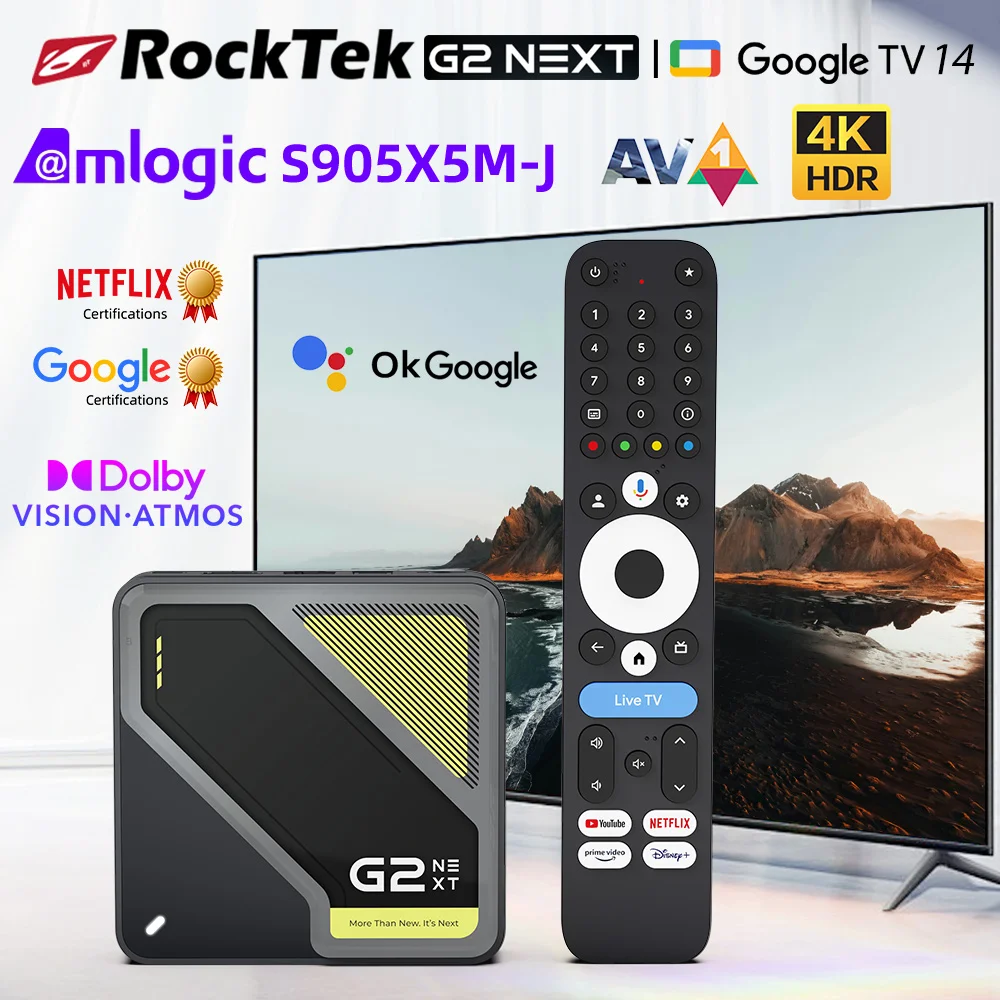 RockTek Google TV Box Netflix Google Certified 4GB 64GB S905X5M-J Support Dolby Atmos Vision Wifi6 1000M LAN Androidtv Box
