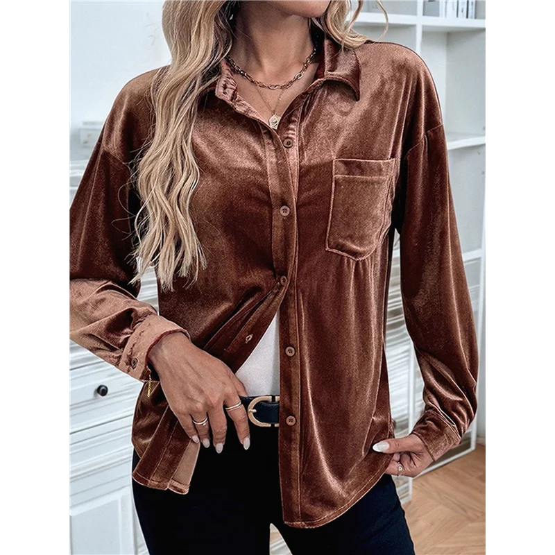 CGS-Damski zimowy kardigan z długim rękawem, aksamitny, zapinany na guziki, casualowy top, koszula, bluzka damska, kolor kawowy brązowy, rozmiar S